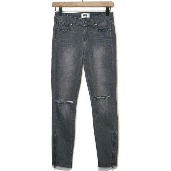 Paige Verdugo Ankle Gray Skinny Jean Mid Rise Distressed Knee Zip Ankle Denim 26 - Picture 1 of 12